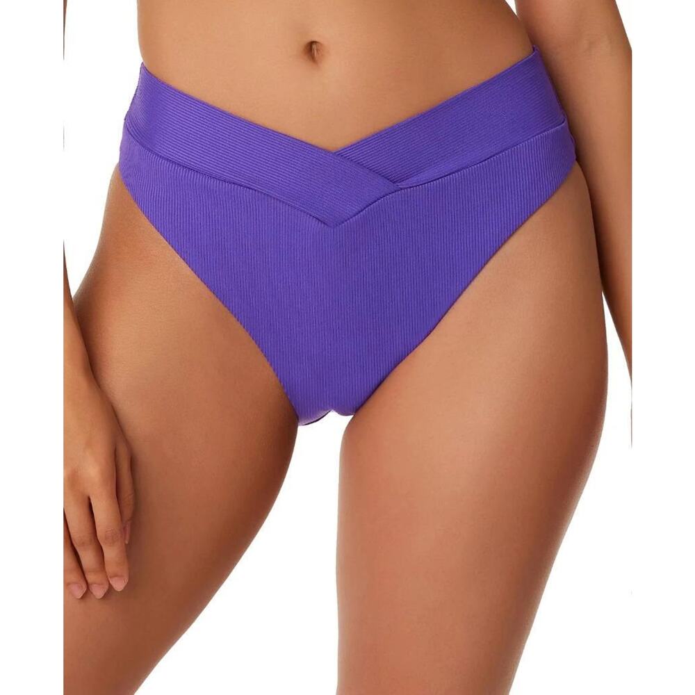 Bar III Women's Hibiscus Purple Micro Rib V-Waist Bikini Bottoms Size M